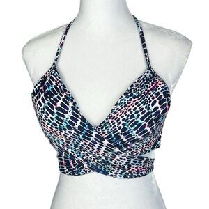 Sundazed Bright Multi Blue White Underwire Wrap Front Halter Bikini Top Size 36C